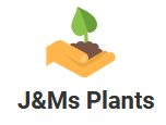 J&Ms Plants logo. Orange graphic hand holding dirt with a green leaf growing out of it. With the words J&Ms Plants in black lettering under the graphic.